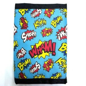 NEW SUPERHERO TRI-FOLD WALLET‎ BLUE BOOM BAM ZAP SMASH KRUNCH WHAM
